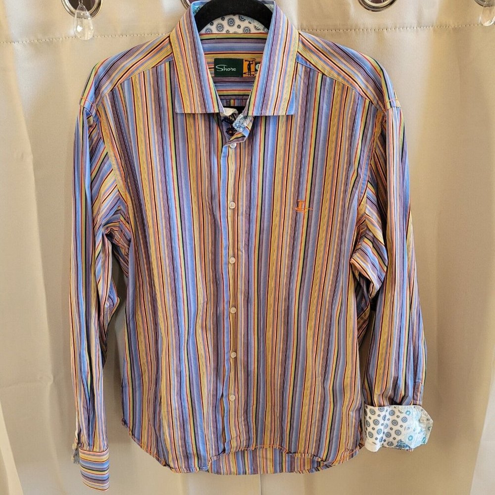 Shore Mens Shirt Large Multicolor Stripe‎ Button Up Surf Contrast Sleeve 16166x
